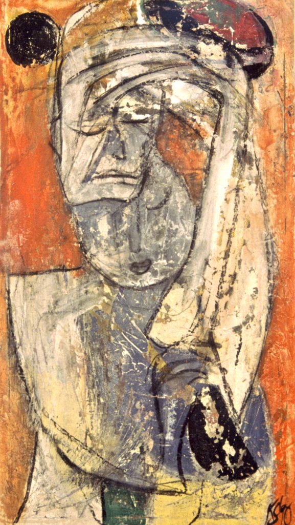 Das Bild thematisiert die Gedankenmaske männlicher Prägung unter der das Gesicht einer Frau versteckt war.