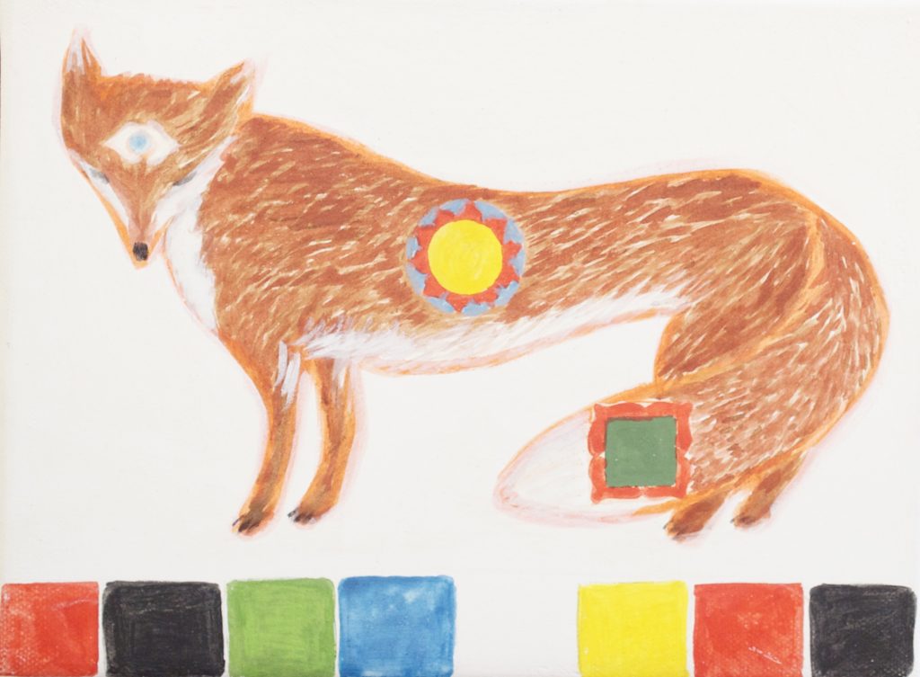 Rotfuchs als Krafttier mit 3 Chakrensymbolen.