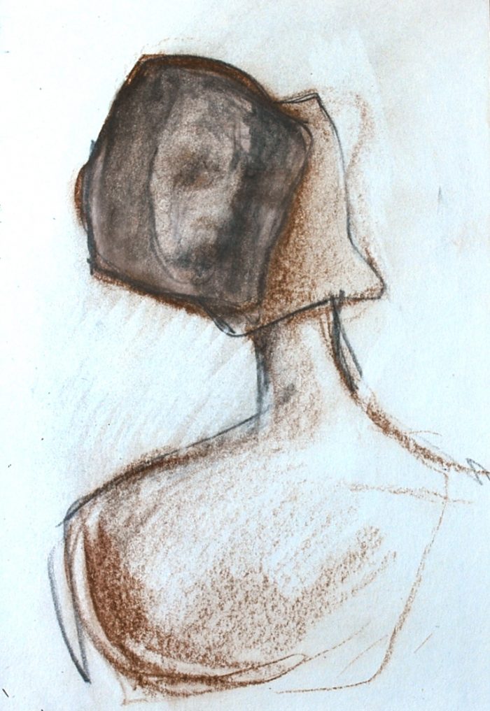 Die Identifikation mit Gedanken und Emotionen überlagert das echte Gefühl, dass sich in einem vage angedeuten Gesicht in der vorderen quadratischen Gesichtsform befindet. 