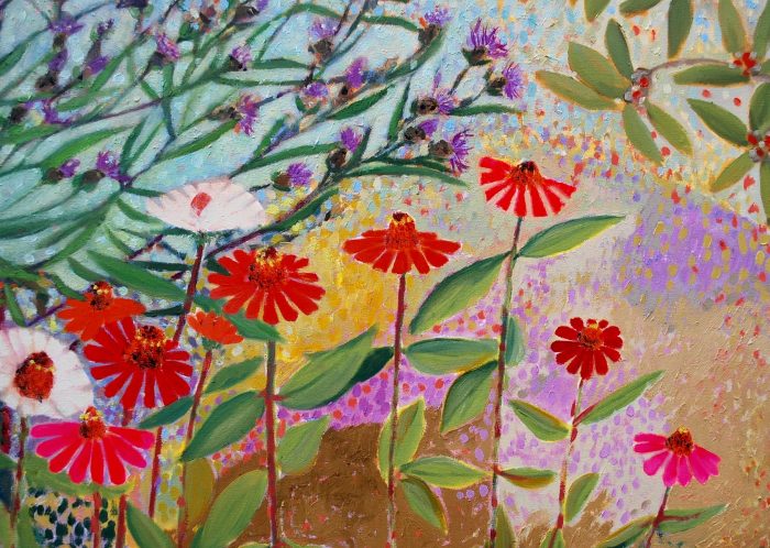 Das Bild zeigt einen Ausschnitt blühender Blumen meines Gartens. Zinnien und Wiesen-Flockenblumen im Sommer 2022.